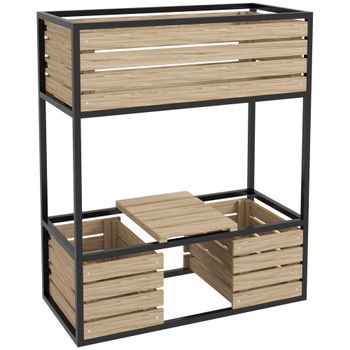 Outsunny Jardinera de dos niveles, resistente a la intemperie, 3 maceteros, 83x39x100 cm, Natural + Negro   Aosom España