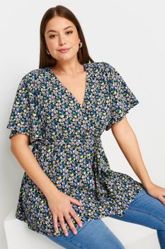 Yours Top Negro Cruzado Con Flores, Mujer Curvy Y Tallas Grandes, Yours