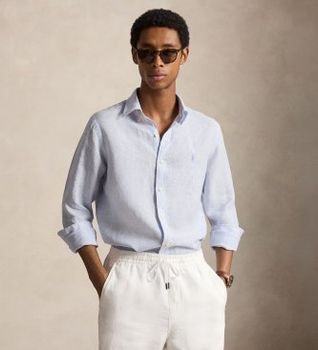 Polo Ralph Lauren para hombre. 710B22588002 Camisa de lino con rayas Custom Fit azul (M), Casual, Manga larga