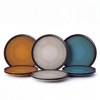 Set 6 Platos Para Pizza 30 Cm Piamonte Surtido, Platos Llanos Cerámica Stoneware Borde Negro, Aptos Microondas