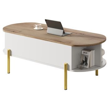 Mesa De Centro 120*50*43cm - Con Tablero Regulable En Altura Y Espacio De Almacenamiento Oculto - Madera + Blanco