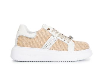 zapatillas deportivas de rafia con pedrería lateral y accesorios joya extraíbles beige