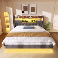 cama doble 160x200 cm - cama para adultos con iluminacion led - estacion de carga 1 tipo-c 3 puertos usb - lino - gris