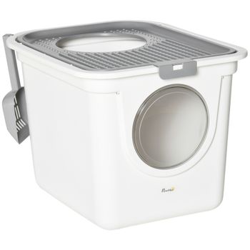 PawHut Arenero para Gatos Cubierto con Pala Inodoro 2 Puertas Principal Superior 44x55x39 cm Blanco Gris   Aosom España