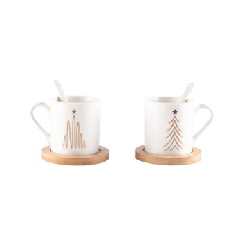 Tazas de café de árbol con cucharas y platos de madera - set de 2