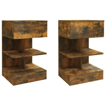 Pack 2 Uds Mesitas De Noche | Mesa Auxiliar | Mesilla Contrachapado Roble Ahumado 40x35x65 Cm