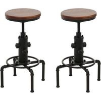 conjunto de 2 taburetes de bar silla alta diseno industrial regulable en altura con reposapies giratorio en acero y madera maciza marron tdb04087