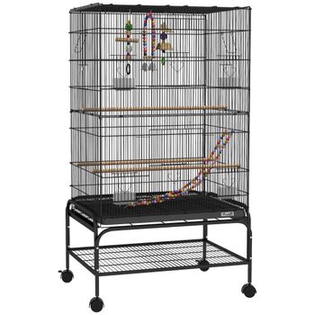 PawHut Jaula para Pájaros con Zona de Juegos, Ruedas, Bandeja Extraíble y Estante, 64x45x110 cm, Negro   Aosom España