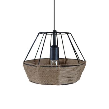Lámpara de suspensión bihexaedro metal negro pantalla hilo natural