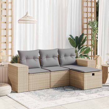 Juego De Sofás Jardín Con Cojines 4 Uds | Juego De Muebles De Jardín Ratán Sintético Beige Cfw62236