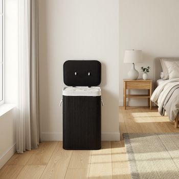 Cesto de ropa sucia con tapa de bambú de color negro