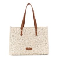 bolso grande de compras de macrame con asas efecto piel ecru