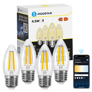 Aigostar Edison Bombillas Alexa LED E27 Bombillas Inteligentes 4.5W 470LM WIFI Bombilla Vintage C35 Bombillas Filamento Regulable 2700K-6500K， compatible con Alexa/Google Home. transparente 4 pack
