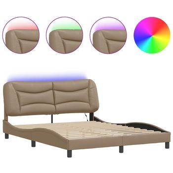Cama Matrimonial | Cama Para Adultos | Estructura De Cama Con Luces Led Cuero Pe Capuchino 160x200 Cm