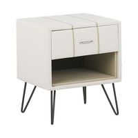 mesita de noche tapizada en piel sintetica blanca con patas de horquilla 48 x 41 x 56 cm 1 cajon betin