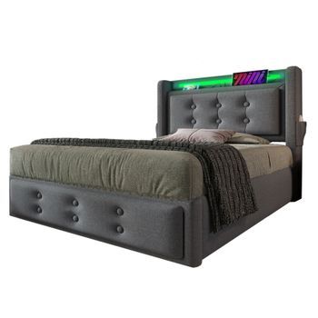 Cama Individual De 90 X 200 Cm - Con Cabecero Led Y Puerto Usb-c - Con Almacenaje Hidráulico - En Madera - Gris