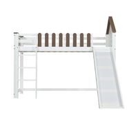 cama alta 90x200 cm con escalera y tobogan - en madera de pino y mdf - blanco y marron