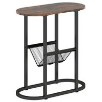 costway mesa auxiliar estrecha ovalada 2 niveles con soporte revistas y estructura metalica para espacios pequenos sala dormitorio marron rustico