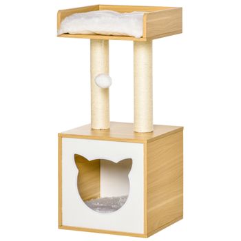 PawHut Árbol para Gatos de 2 Niveles con Cueva Cama Superior Postes Rascadores de Sisal Cojines Lavables Bola de Juguete Roble Blanco   Aosom España