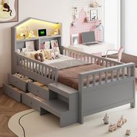 cama simple para nino 90x200 cm barrera de seguridad 4 cajones escalera led usb y tipo-c madera maciza somier de lamas gris