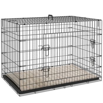 PawHut Jaula para Perros Plegable con Cojín Puertas Bandeja Extraíble y Marco de Alambre Metálico 106x71,5x76 cm Negro y Beige
