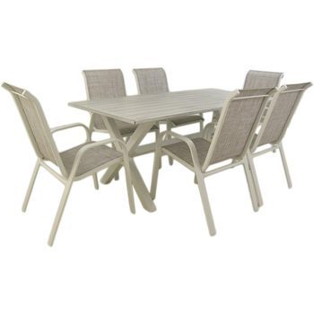 Conjunto Para Jardín Color Blanco, Mesa Grande De 190 Cm Y 6 Sillones Apilables, Aluminio Reforzado, 6 Plazas, Juego De Sillas Y Mesa Para Jardín, Comedor De Terraza O Patio
