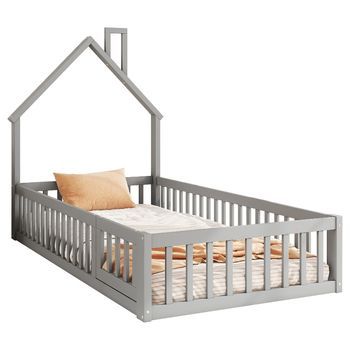 Cama Casita Infantil De 90 X 200 Cm De Pino Y Mdf Con Barreras De Seguridad, Gris