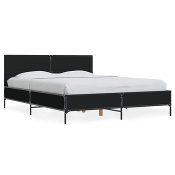Cama Doble | Cama Para Adultos | Estructura De Cama Madera De Ingeniería Y Metal Negro 120x190cm