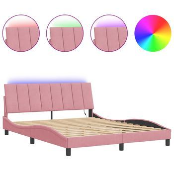 Cama Matrimonial | Cama Doble | Estructura De Cama Con Luces Led Terciopelo Rosa 160x200 Cm Cfw87071