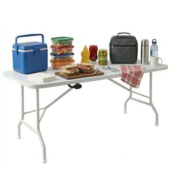 Essence - Mesa De Jardín Plegable 180x74x70 Cm De Camping Y Picnic Portátil De Resina Blanca