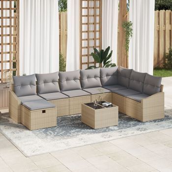 Conjunto De Sofá De Jardín De 9 Piezas Con Cojines Beige Ratán Poliéster V7900 Unico / Beige