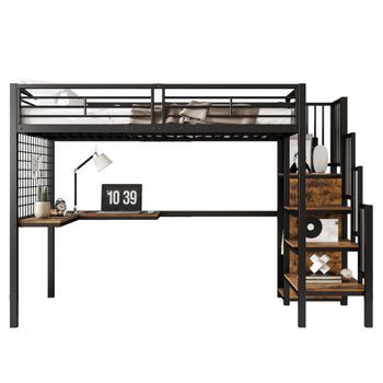 Cama Alta Con Escritorio Y Armario, Estructura De Cama De Hierro 90x200, Cama Juvenil Negra Y Madera Oscura