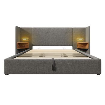 Cama Doble Tapizada 180 X 200 Cm Con Cabecero, Luz De Lectura Y Cargador Usb Tipo-c, Gris, Lino