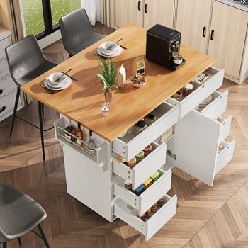 Isla De Cocina Extensible, Encimera, Especiero, 8 Cajones, Blanca