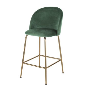 Taburete alto de terciopelo verde bosque y acero dorado de 65 cm