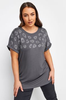 Yours Camiseta Gris Diseño Leopardo Con Tachas, Mujer Curvy Y Tallas Grandes, Yours