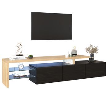 Mueble De Tv Moderno Negro Y Madera, 197,5 Cm, Tres Armarios Y Led De Siete Colores