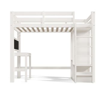 Cama individual alta 90x200 - escritorio, armario abierto y estanterías, con protección - blanco