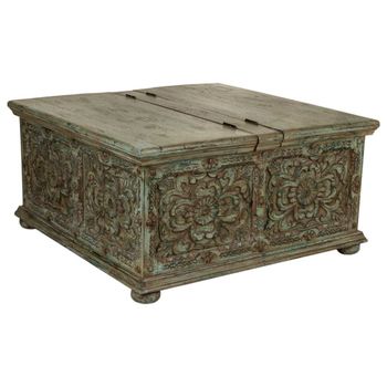 Mesa baul de centro de madera artesanal azul 100x100x47