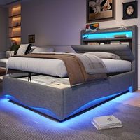 cama canape con cabecero de 90 x 200 cm - tejido de lino - leds  puertos usb y tipo c - gris colchon no incluido