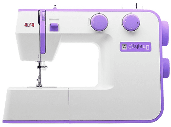 Máquina de coser - Alfa Style 40, 31 Puntadas, Luz LED, 6 filas dientes, 70W, Blanco y Lila