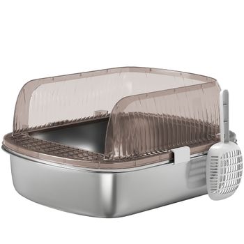 PawHut Arenero para Gatos Cubierto Cerrado con Bandeja de Acero Inoxidable Bordes Altos Pala y Zona para Caída de Arena Gris