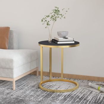 Mesa Auxiliar，mesa De Centro，mesita De Centro Vidrio Templado Negro Y Dorado 45 Cm Cfw720736