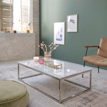 Mesa de centro rectangular de mármol y metal blanca