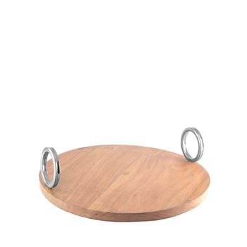 Bandeja redonda de madera con asa plateada 38x38x11 cm