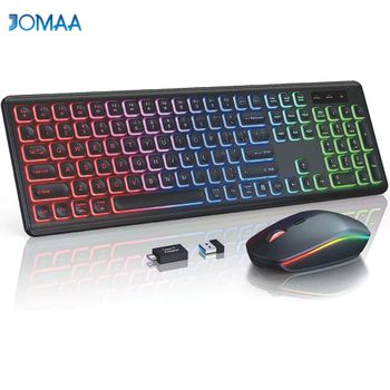 Combo de Teclado y Ratón Inalámbricos con Retroiluminación RGB, Letras Iluminadas Recargables, Tamaño Completo, Ergonómico, Modo de Reposo, 2.4GHz