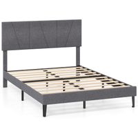 costway somier de cama con plataforma tapizada cabecero geometrico ajustable en altura y listones de madera 140 x 200 cm gris oscuro