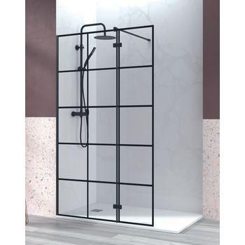 Mampara De Ducha Fijo De Ducha + 1 Puerta Abatible Cuadrícula| Cristal Templado 6mm Antical | 195cm Altura | 70-120cm | Negro Mate - Cuadrícula Negra - 100cm + 40cm