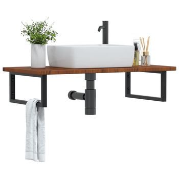 Estante De Lavabo De Pared | Estantería Pared | Estante Flotante De Acero Y Madera Maciza De Roble Cfw22336