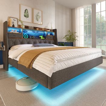 Cama Doble 140x200 Cm - Cama Led Para Adultos - Estación De Carga (1 Tipo-c, 3 Puertos Usb) - En Lino - Gris